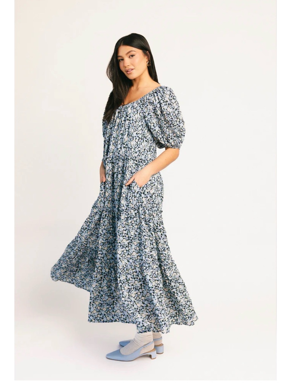 Blue Floral Puff-Sleeve Maxi Dress